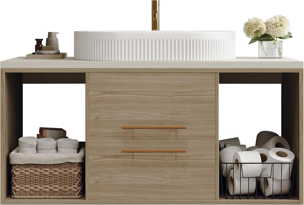 40 Inch Modern Bathroom Vanity Floating Bathroom Vanities with Above-Ground Oval Sink 40' Wall Mounted Bathroom Sink Cabinet with 2 Drawers&2 Open Shelves&Gold Metal Handle, Oak