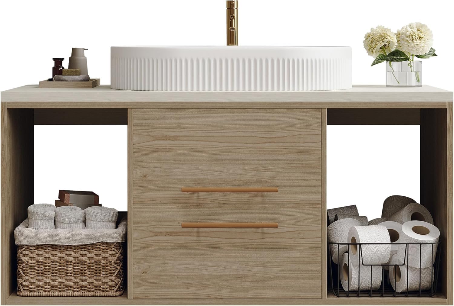 40 Inch Modern Bathroom Vanity Floating Bathroom Vanities with Above-Ground Oval Sink 40' Wall Mounted Bathroom Sink Cabinet with 2 Drawers&2 Open Shelves&Gold Metal Handle, Oak