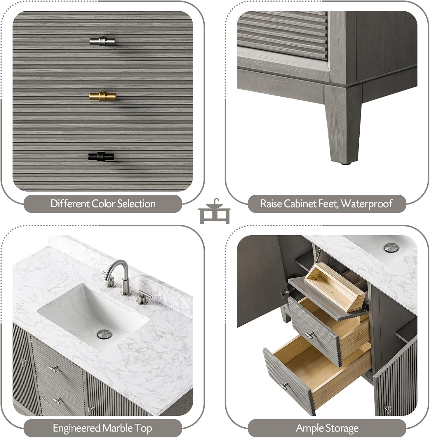 Vanity Art 48' Bathroom Vanity with Single Sink & Arabescato White Engineered Stone Top, Vanity Cabinet with Soft Closing Door, Solid Wood Frame, Brushed Nickel Handles, Driftwood Gray VA8148-DG-BN