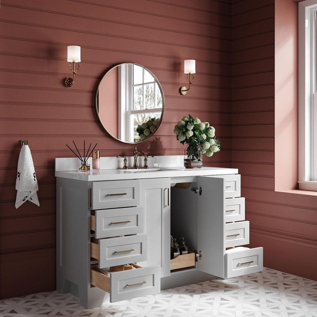 ARIEL Taylor 54-inch Bathroom Vanity with Sink,Solid Wood, 1.5-inch Pure White Quartz Countertop & Backsplash, Single Rectangular Porcelain Sink, 2 Soft Closing Doors, 9 Dovetail Drawers, Grey