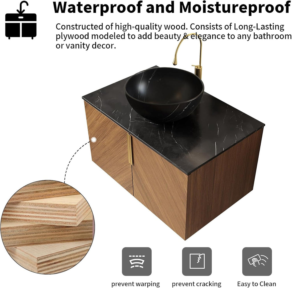 LKTART 30 Inch Bathroom Vanity with Sink, Modern Wall Mounted Bathroom Sink with 2 Doors, Black Sintered Stone Countertop and Gray-Black Bowl Ceramic Basin, Brown