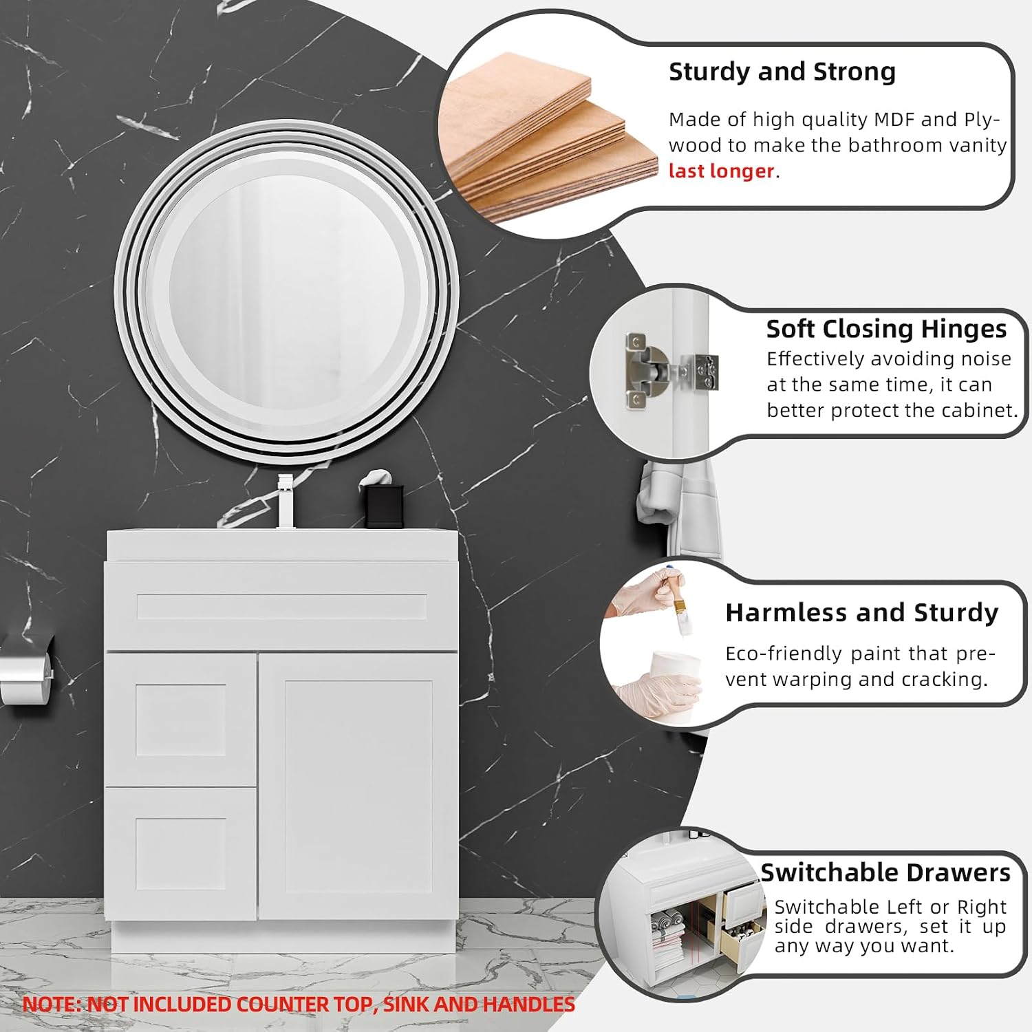 KitchenMan 30 Inch Bathroom Vanity Without Sink and Top Unassembled Bathroom Sink Cabinet not Include Handles, Double Door Bathroom Vanities for Bedroom, White
