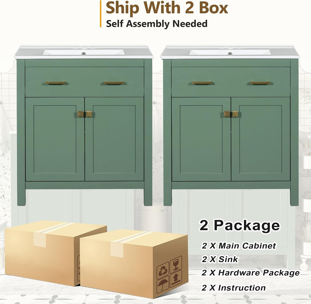 Harper & Bright Designs 60' Bathroom Vanity Set with Double Sink, Vanity Cabinet with Flip Drawer, 2 Doors, and Adjustable Shelf, Solid Wood Bathroom Cabinet with Ceramic Basin for Bathroom, Green