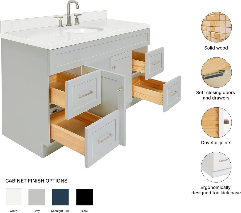 ARIEL Hamlet 60-inch Bathroom Vanity with Sink,Solid Wood, 1.5-inch Carrara White Quartz Countertop & Backsplash, Single Oval Porcelain Sink, 2 Soft Closing Doors, 4 Dovetail Drawers, Grey
