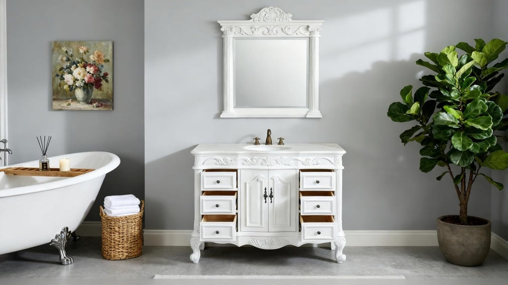 42 Inch Beckham Free-Standing Bathroom Vanity, Antique White Finish, Single Sink, White Marble Top, Porcelain Undermount Sink, 6 Drawers, Cabinet Storage, and Matching Mirror