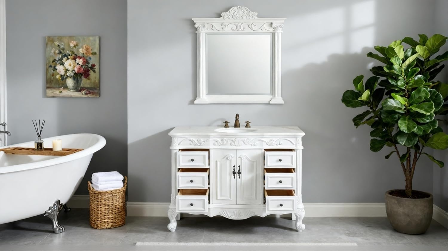 42 Inch Beckham Free-Standing Bathroom Vanity, Antique White Finish, Single Sink, White Marble Top, Porcelain Undermount Sink, 6 Drawers, Cabinet Storage, and Matching Mirror