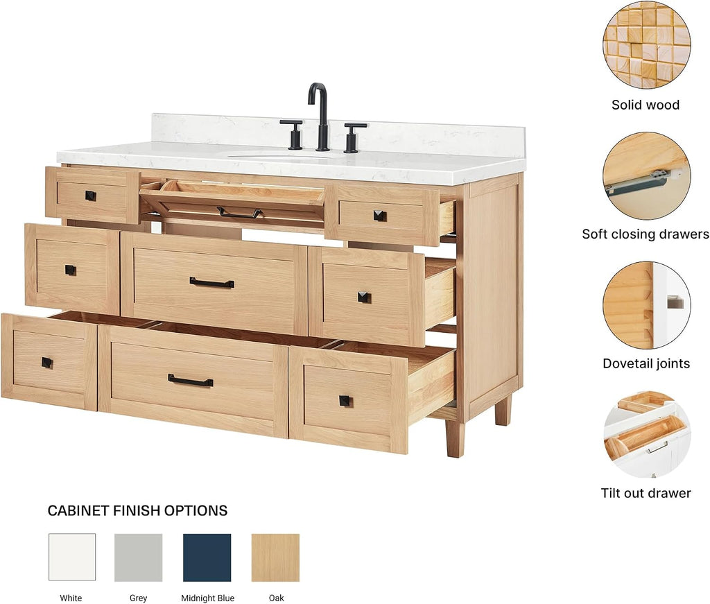 ARIEL Monroe 60-inch Bathroom Vanity with Sink,Solid Wood, 1.5-inch Carrara White Quartz Countertop, Single Oval Porcelain Sink, Dovetail Drawers, White Oak