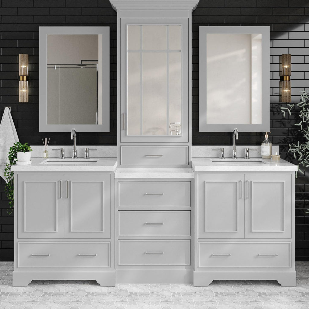 ARIEL Stafford 84-inch Bathroom Vanity with Sink,Solid Wood, 1.5-inch Italian Carrara Marble Countertop, Double Rectangular Porcelain Sink, 5 Soft Closing Doors, 6 Dovetail Drawers, Grey