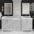 ARIEL Stafford 84-inch Bathroom Vanity with Sink,Solid Wood, 1.5-inch Italian Carrara Marble Countertop, Double Rectangular Porcelain Sink, 5 Soft Closing Doors, 6 Dovetail Drawers, Grey