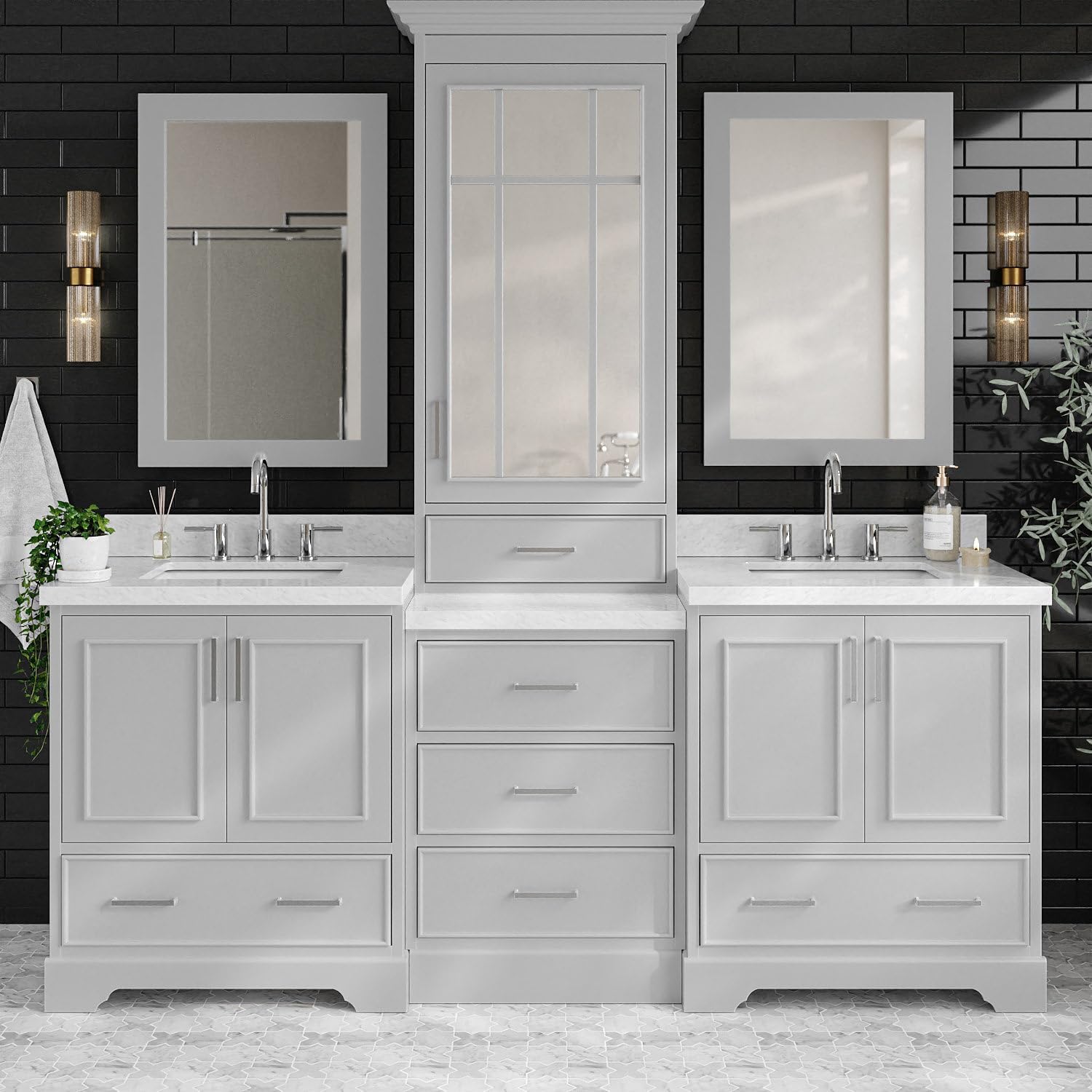 ARIEL Stafford 84-inch Bathroom Vanity with Sink,Solid Wood, 1.5-inch Italian Carrara Marble Countertop, Double Rectangular Porcelain Sink, 5 Soft Closing Doors, 6 Dovetail Drawers, Grey