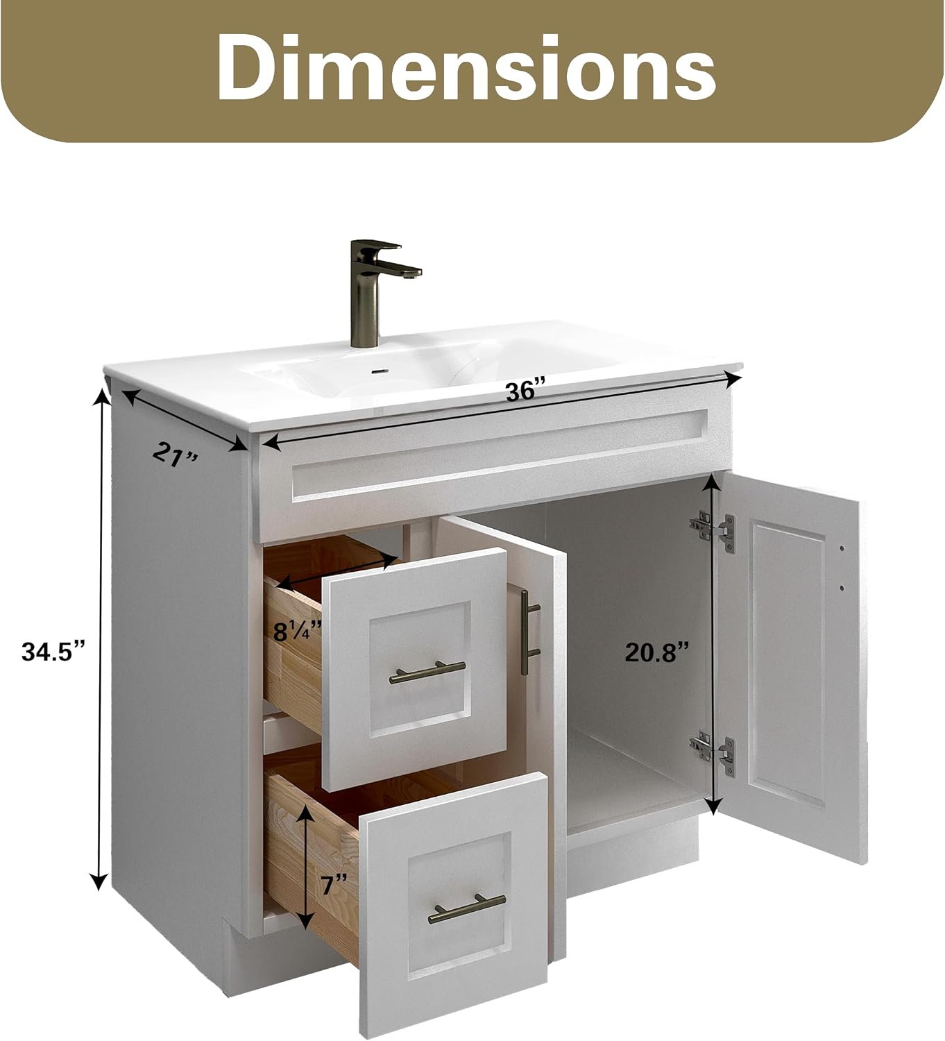 White Shaker Bathroom Vanity with Sink 36' – Solid Surface One-Piece Top, Soft-Close Doors & Drawers, Polyurethane Nano Resin Sink, Pre-Drilled Faucet Hole, Modern Bath Vanity Cabinet Set