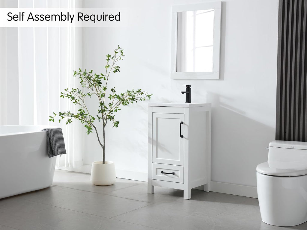 LUCKWIND 18' Bathroom Vanity and Sink Combos, Modern Bathroom Storage Painted Cabinet with Undercounter Ceramic Single Sink Top, Matte Black Faucet and Drawer, Mirror Not Included, White