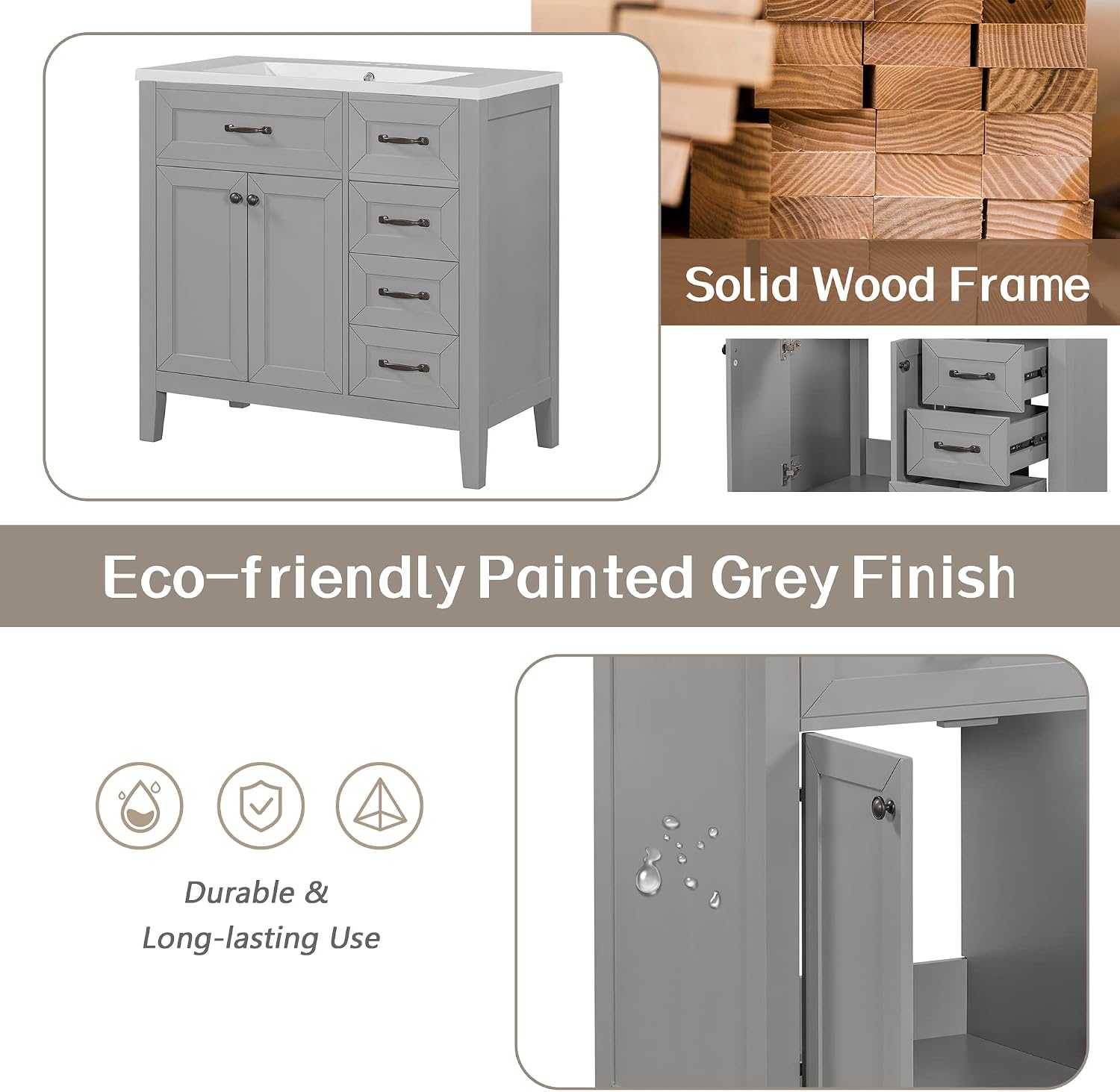 P PURLOVE 36' Bathroom Vanity with Sink Combo, Bathroom Storage Cabinet with Doors and Drawers, Modern 36 inch Vanitty with Basin Sink Set for Bathroom,Gray