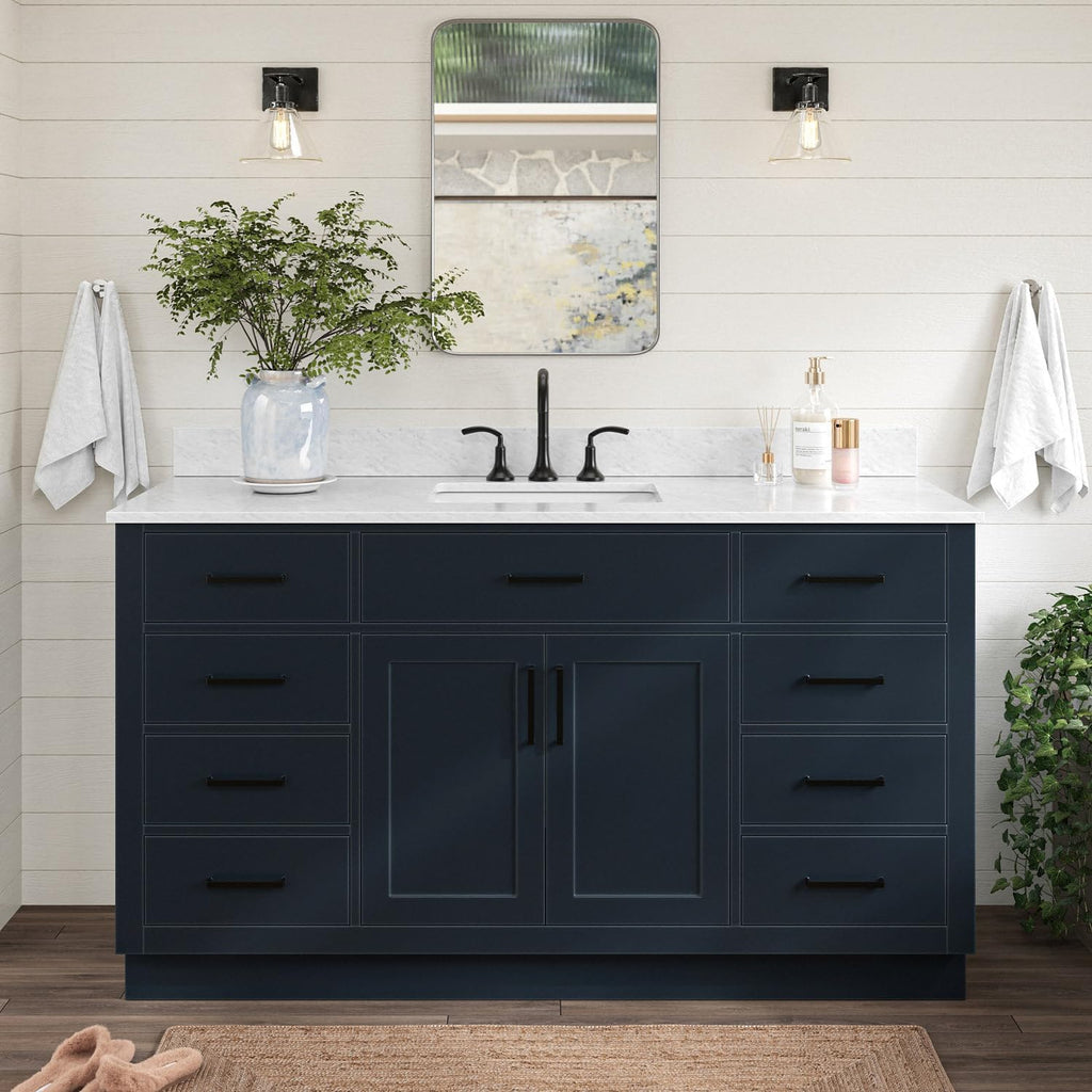 ARIEL Hepburn 60-inch Bathroom Vanity with Sink,Solid Wood, 0.75-inch Italian Carrara Marble Countertop, Single Rectangular Porcelain Sink, 2 Soft Closing Doors, 9 Dovetail Drawers, Midnight Blue