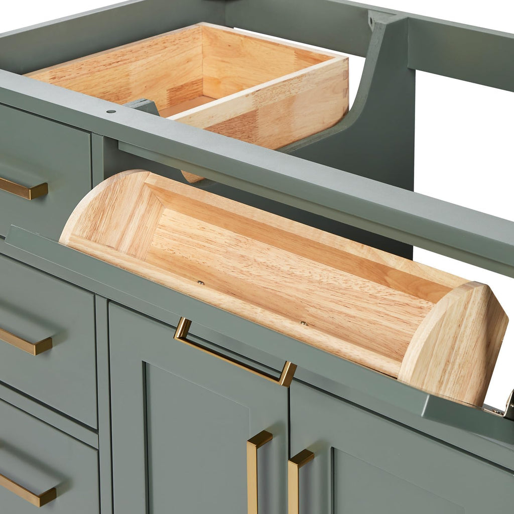 DKB Isabella 42-inch Vintage Green Bathroom Vanity with Center Oval Single Sink, Carrara White Quartz Countertop & Backsplash, Solid Wood Frame, Soft-Closing & Dovetail Drawers