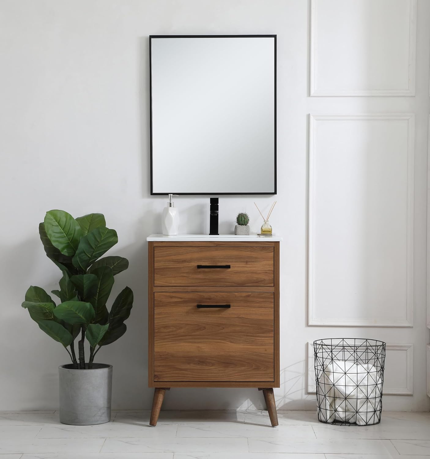 24' Pre-Assembled Bathroom Vanity with Sink, Engineered Wood, White Resin Countertop Attached, Single Rectangle Porcelain Sink, 1 Soft-Close Drawers, Walnut Brown
