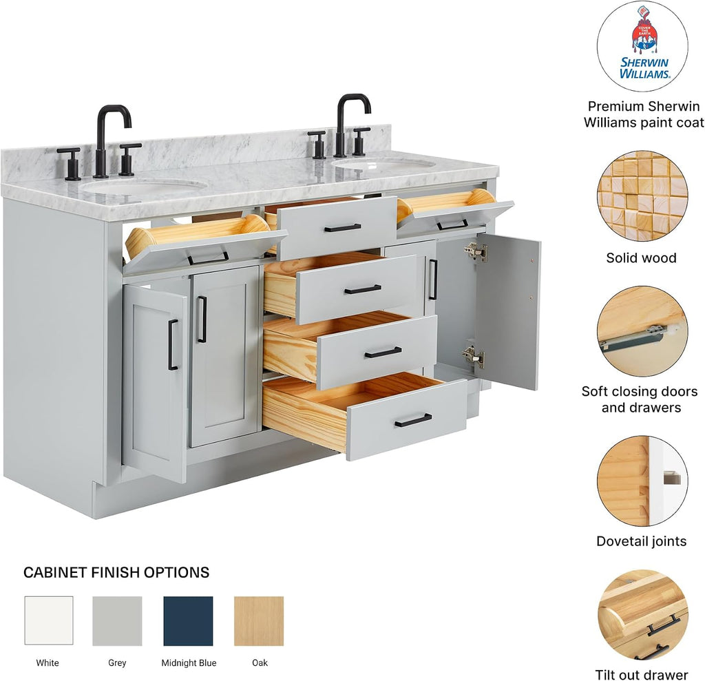 DKB Isabella 66' Grey Double Bathroom Vanity with Sink, 1.5' Edge Italian Carrara Marble Countertop, 2 Oval Undermount Sinks, 4 Soft Closing Doors, 6 Dovetail Drawers