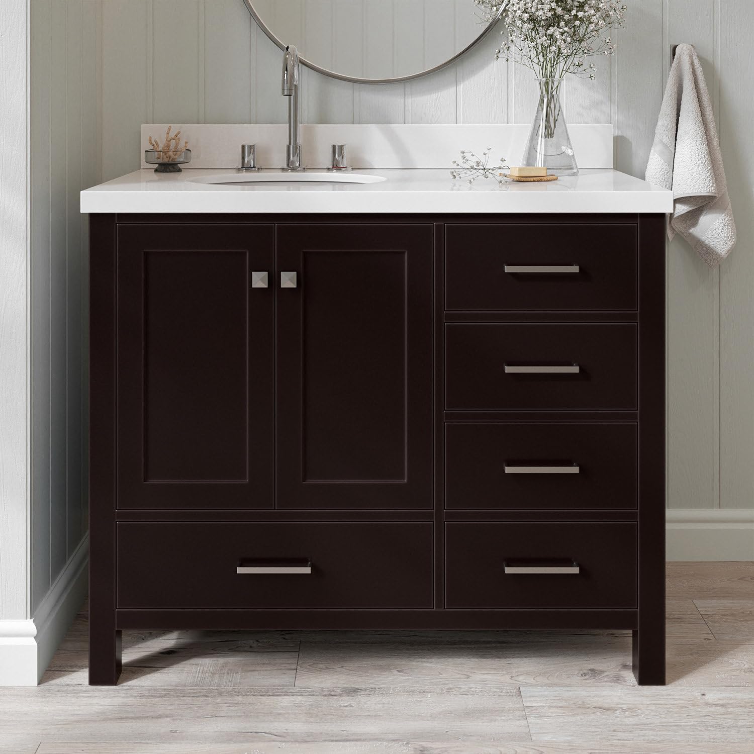 ARIEL Cambridge 42-inch Bathroom Vanity with Sink,Solid Wood, 1.5-inch Pure White Quartz Countertop & Backsplash, Single Oval Porcelain Sink, 2 Soft Closing Doors, 5 Dovetail Drawers, Espresso