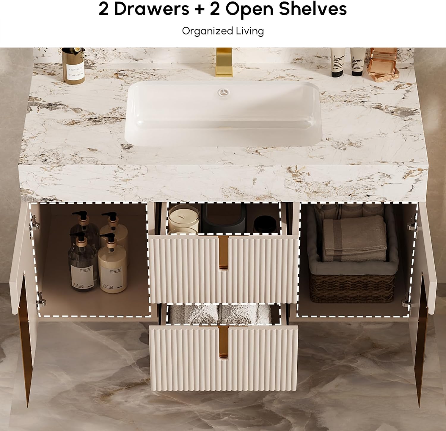 homary 36 Inch Bathroom Vanity with Sink, Contemporary Floating Vanity with Sintered Stone Countertop & Undermount Ceramic Basin, 2 Drawers & 2 Open Shelves, Space Saving Design, Beige