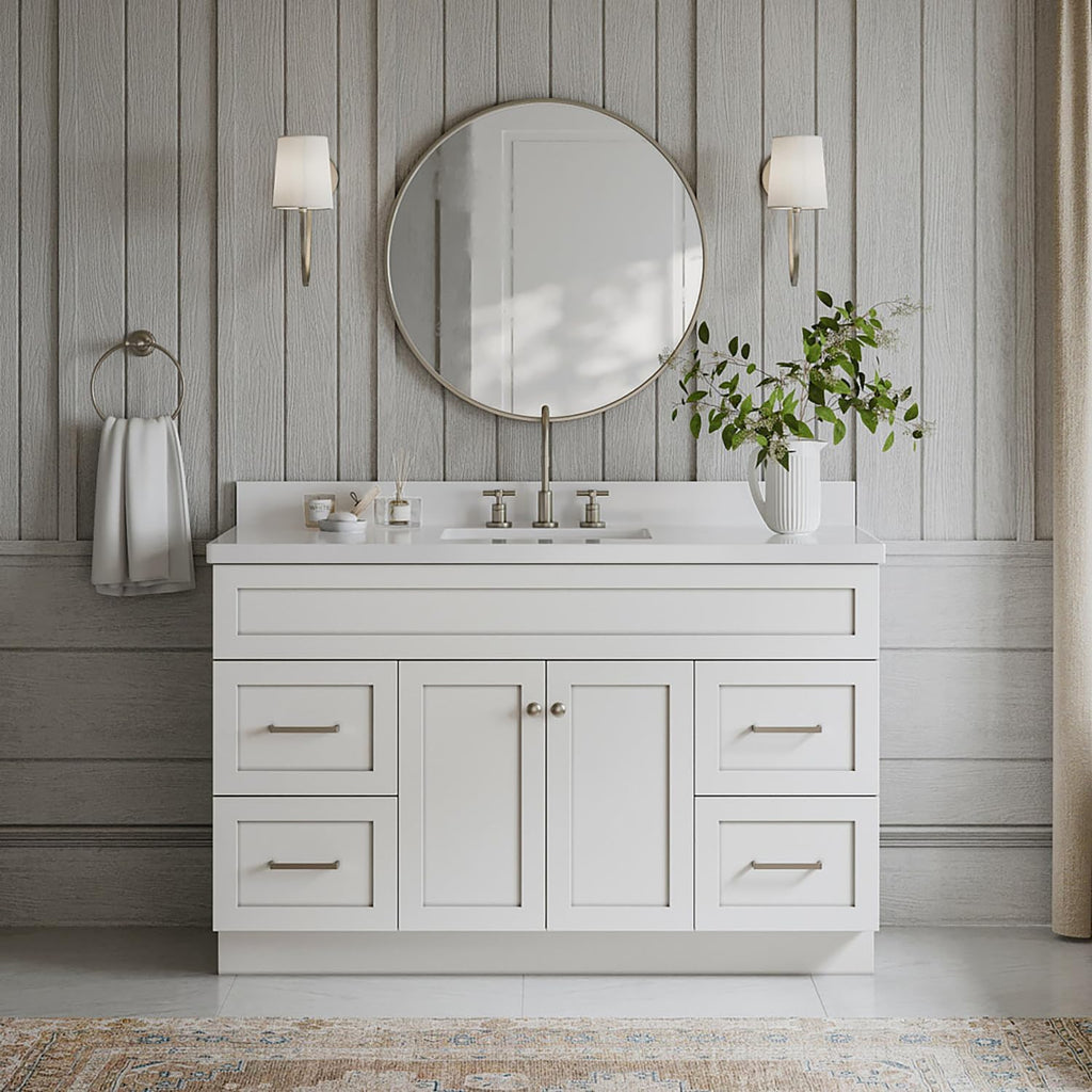 ARIEL Hamlet 54-inch Bathroom Vanity with Sink,Solid Wood, 1.5-inch Pure White Quartz Countertop & Backsplash, Single Rectangular Porcelain Sink, 2 Soft Closing Doors, 4 Dovetail Drawers, White