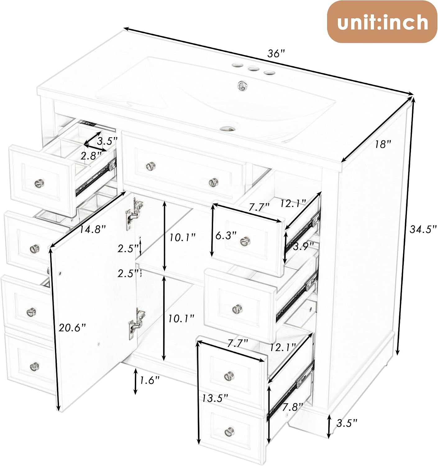 Malwee 36 Inch Freestanding Bathroom Vanity with Sink, 36'' Floor Standing Bathroom Vanity, Modern Vanity with 1 Door and 6 Drawers, White Ceramic Sink Top