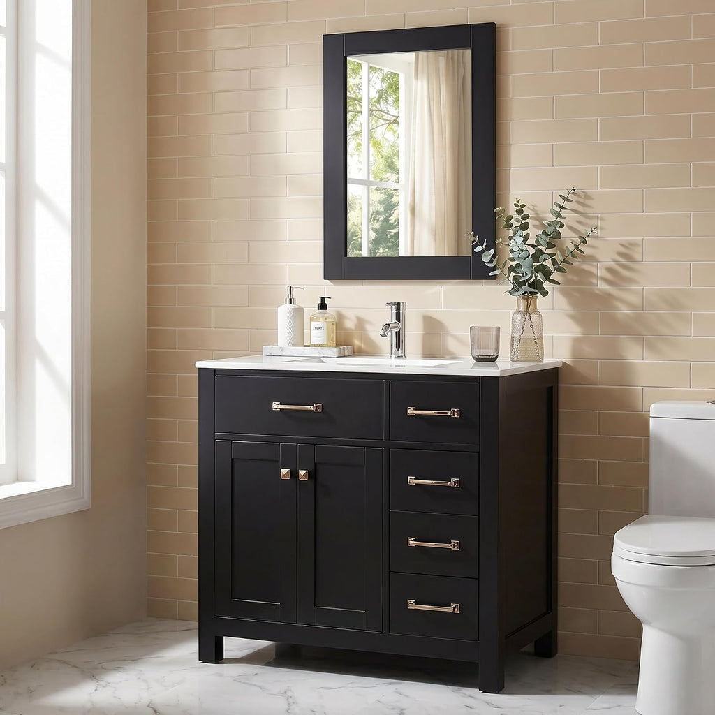 36 inch Bathroom Vanity with Sink Countertop Mirror Faucet Modern Black | Freestanding bathroom vanity cabinet, ceramic single sink combo
