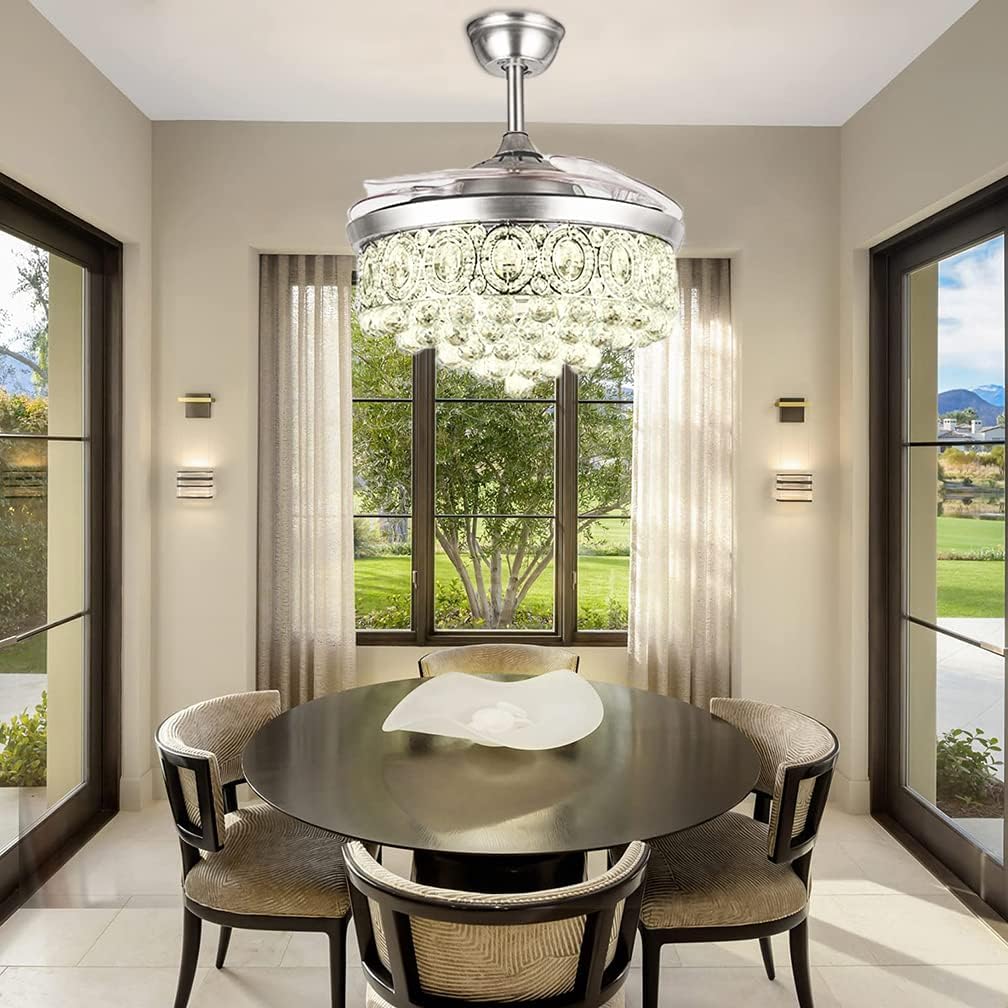 BIGBANBAN 42' Crystal Ceiling Fan Indoor with Light Remote Control Modern Silver Retractable Ceiling Fan Chandelier 3 Colors 3 Speeds Silent Fandelier Chandelier for Dinning Room Bedroom