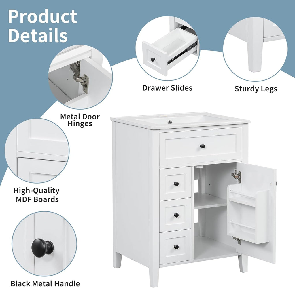 Harper & Bright Designs 24' Bathroom Vanity with Sink, Free Standing Vanity Set with 4 Drawers, Storage Racks, and Adjustable Shelf, Wood Bathroom Cabinet with Ceramic Basin for Bathroom, White
