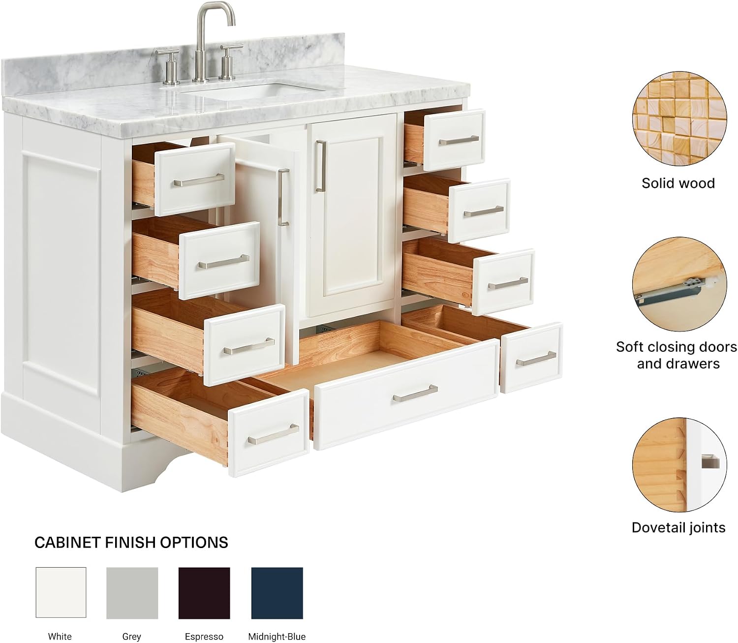 ARIEL Stafford 48-inch Bathroom Vanity with Sink,Solid Wood, 1.5-inch Italian Carrara Marble Countertop, Single Rectangular Porcelain Sink, 2 Soft Closing Doors, 9 Dovetail Drawers, White