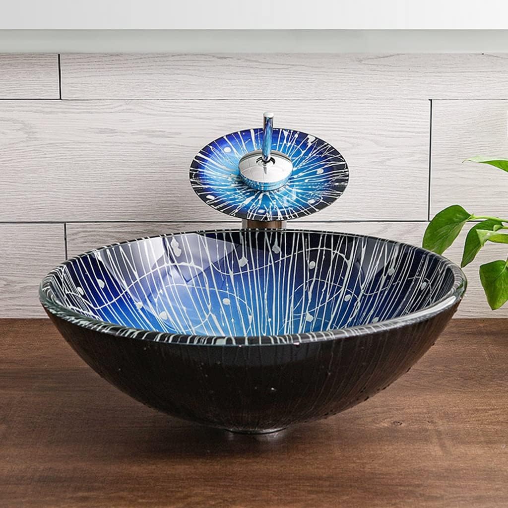 MBROS Tempered Glass Vessel Sink Mediterranean Style Art Wash Basin Counter Top Installation Vanity Sinks with Waterfall Chrome Faucet Combo and Pop Up Sink Drain (Color : Blue, Size : 42x42x14.5c