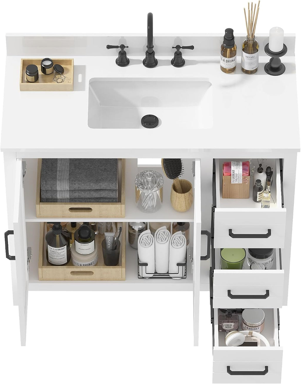 42' White Single Sink Bathroom Vanity with Top and Sink, Freestanding Modern Bath Storage Cabinet with Quartz Countertop, 3 Drawers, Soft Closing Louvered Doors, Pre-Assembled