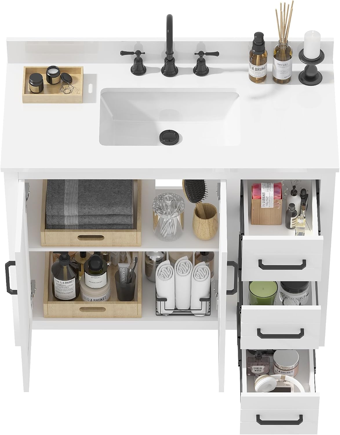 42' White Single Sink Bathroom Vanity with Top and Sink, Freestanding Modern Bath Storage Cabinet with Quartz Countertop, 3 Drawers, Soft Closing Louvered Doors, Pre-Assembled