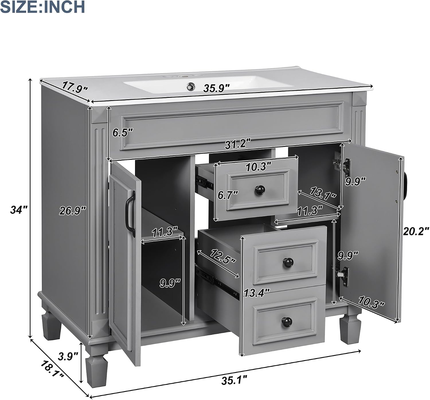 Virubi 36' 'Bathroom Vanity with Ceramic Sink, Traditional Bathroom Storage Cabinet with 2 Doors and 2 Drawers, Solid Wood Frame Bathroom Vanities