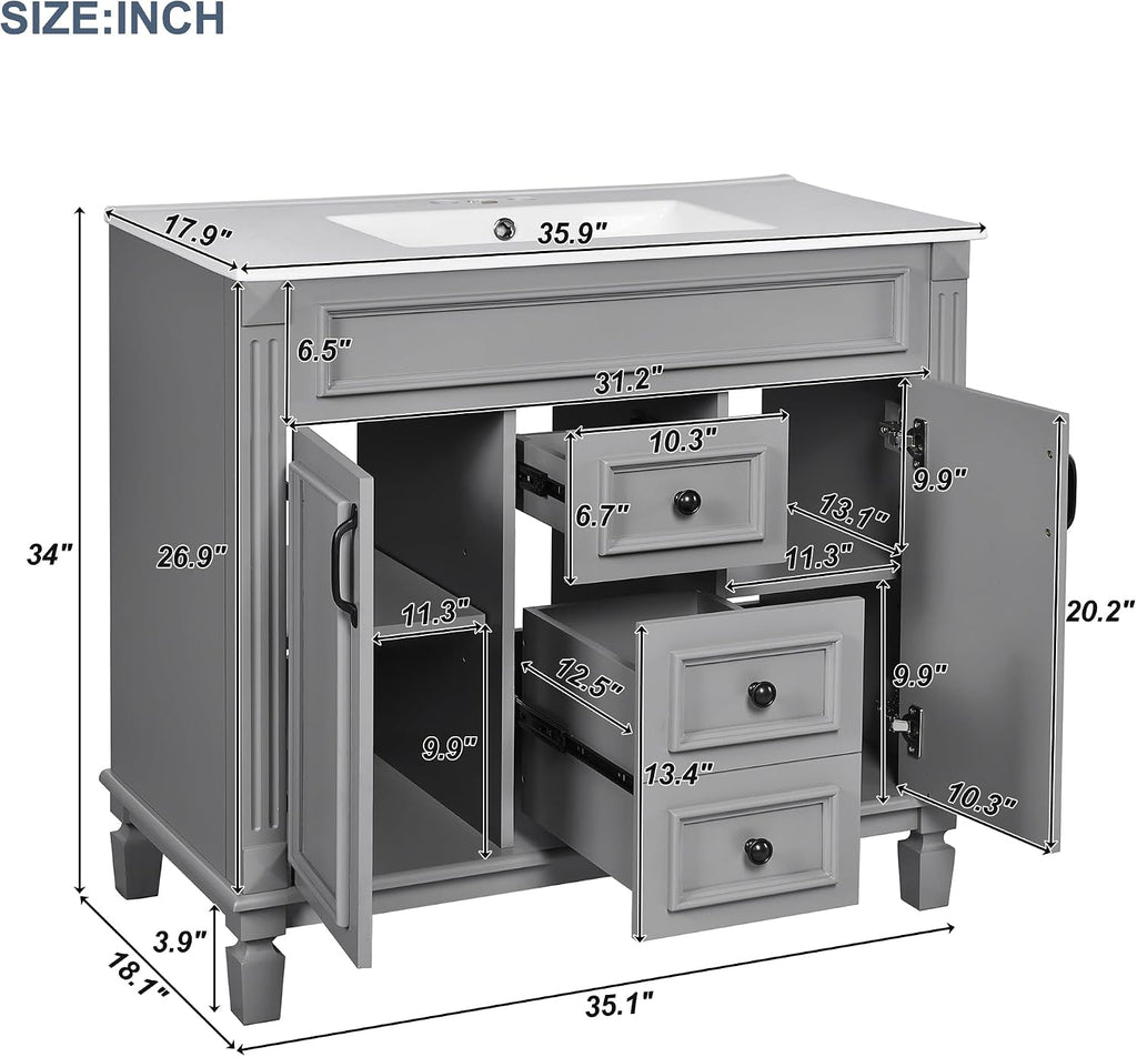 Linique 36' Bathroom Vanity with Top Sink,Bathroom Storage Cabinet with 2 Soft Closing Doors and 3 Storage Drawers,Modern Single Sink Bathroom Vanity(Gray)
