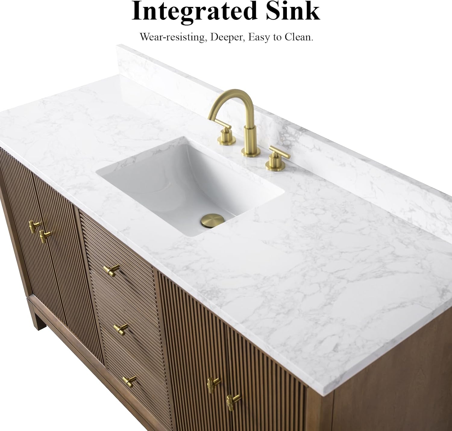 HOMEBEYOND 60' Bathroom Vanity with Single Sink & Engineered Marble Top, Solid Wood Frame, Linear Pattern & Soft Close Door | Golden Brushed Handware, Walnut