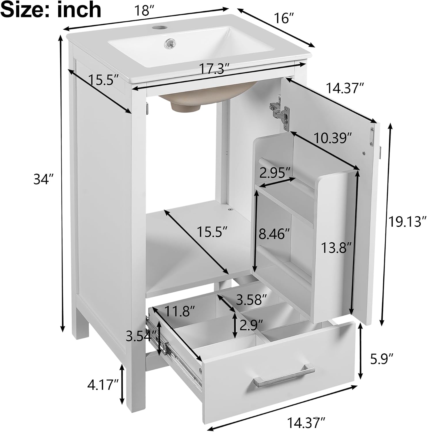 VilroCaz Modern 18'' Bathroom Vanity with Top Sink, Freestanding Bathroom Storage Cabinet with Door and Divider Drawer, Single Sink Cabinet with Adjustable Plastic Foot Pads (White+1 Drawer)