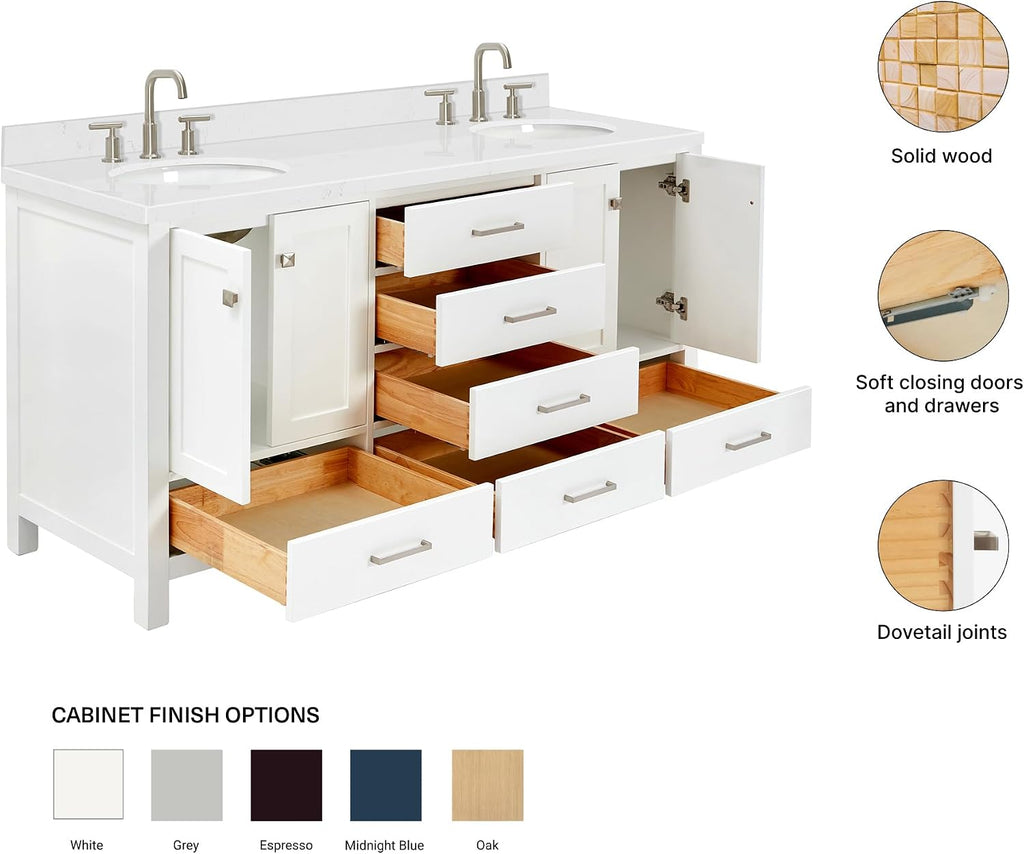 ARIEL Cambridge 66-inch Bathroom Vanity with Sink,Solid Wood, 1.5-inch Carrara White Quartz Countertop & Backsplash, Double Oval Porcelain Sink, 4 Soft Closing Doors, 6 Dovetail Drawers, White