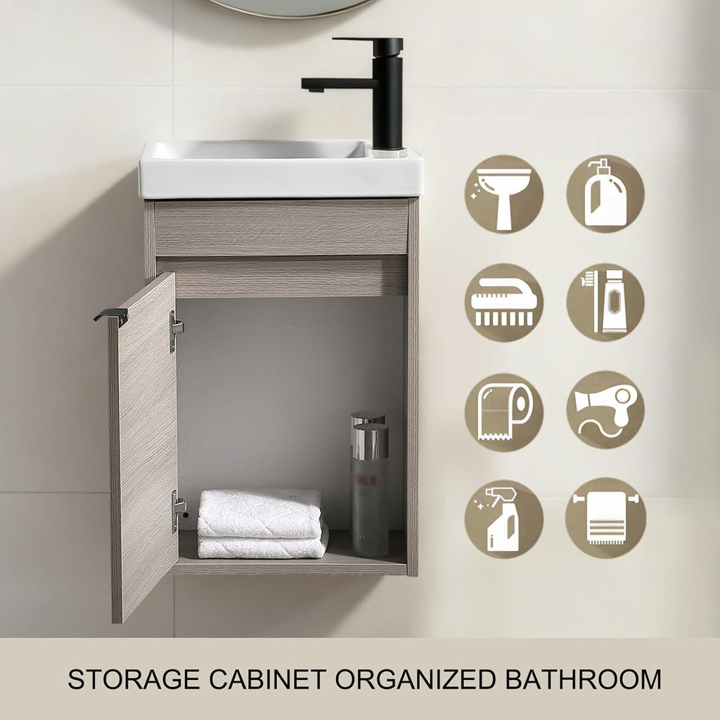 16 Inch Bathroom Vanity with Sink Combo, Wall Mounted Cabinet Set with 1 Door and White Ceramic Basin Sink Top, Forest Oak Floating Bathroom Vanity for Small Space