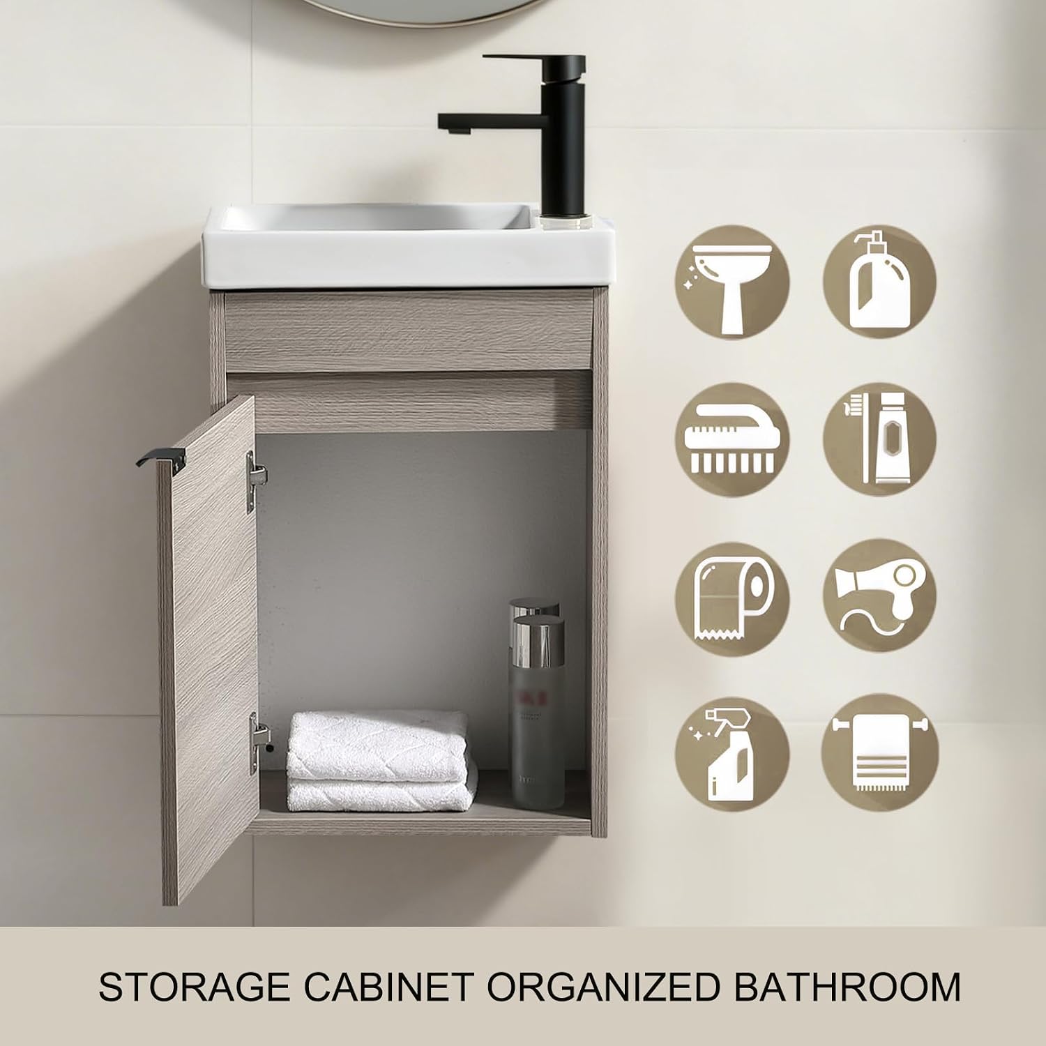 16 Inch Bathroom Vanity with Sink Combo, Wall Mounted Cabinet Set with 1 Door and White Ceramic Basin Sink Top, Forest Oak Floating Bathroom Vanity for Small Space