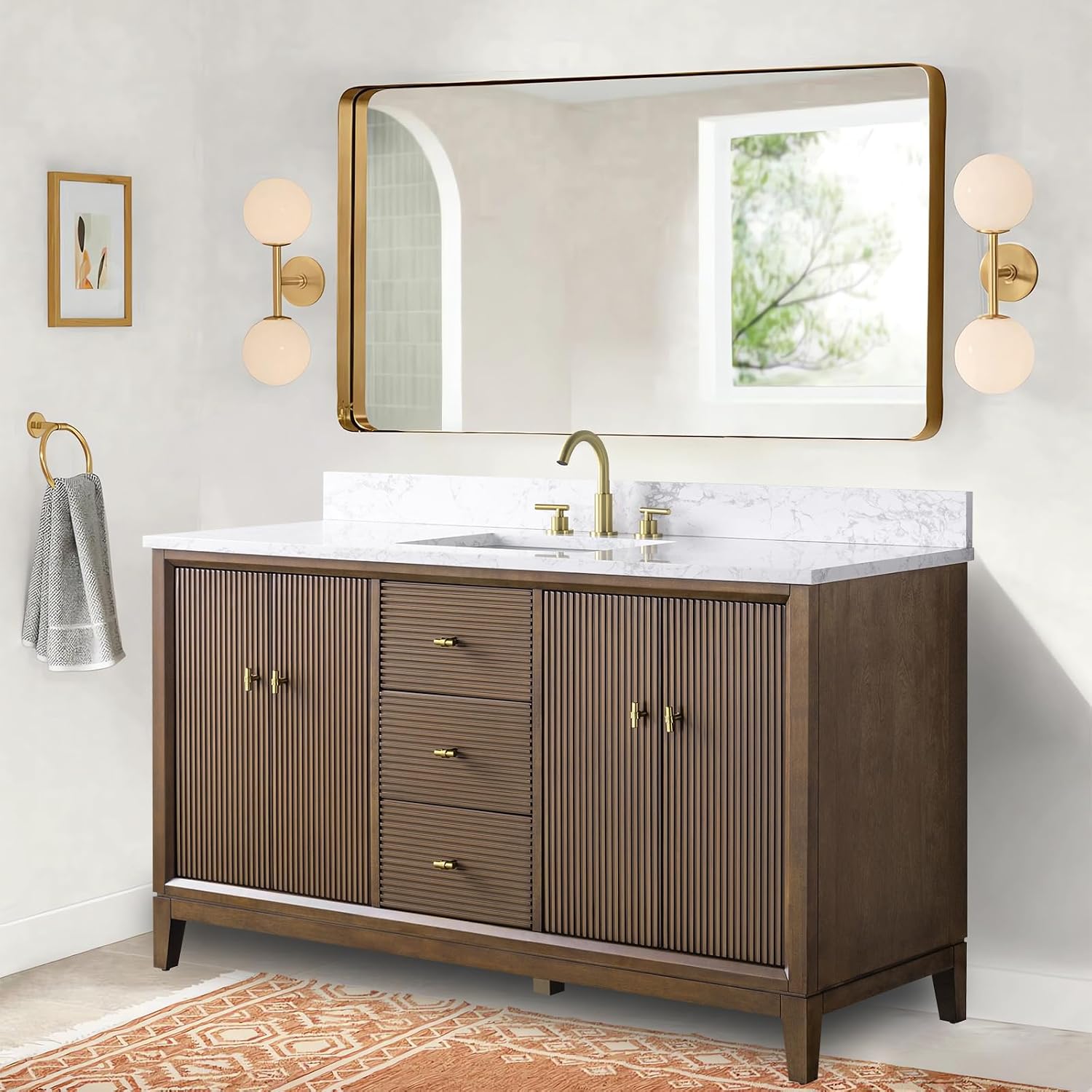 HOMEBEYOND 60' Bathroom Vanity with Single Sink & Engineered Marble Top, Solid Wood Frame, Linear Pattern & Soft Close Door | Golden Brushed Handware, Walnut