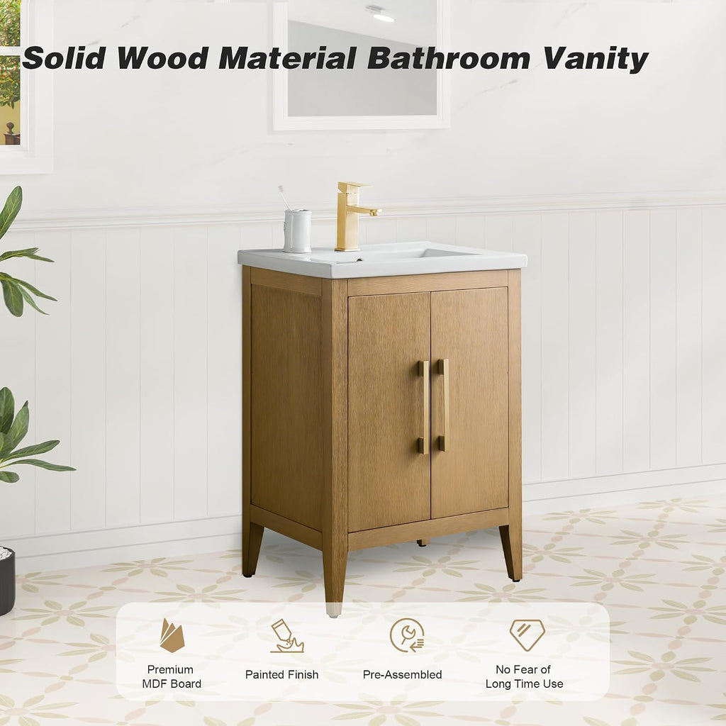 HOMEBEYOND 24 Inch Bathroom Vanities with Sink & Ceramic Top, Single Vanity Cabinet with Basin, Solid Wood Frame, Soft-Closing Doors & Golden Brushed Hardware, Natural Oak