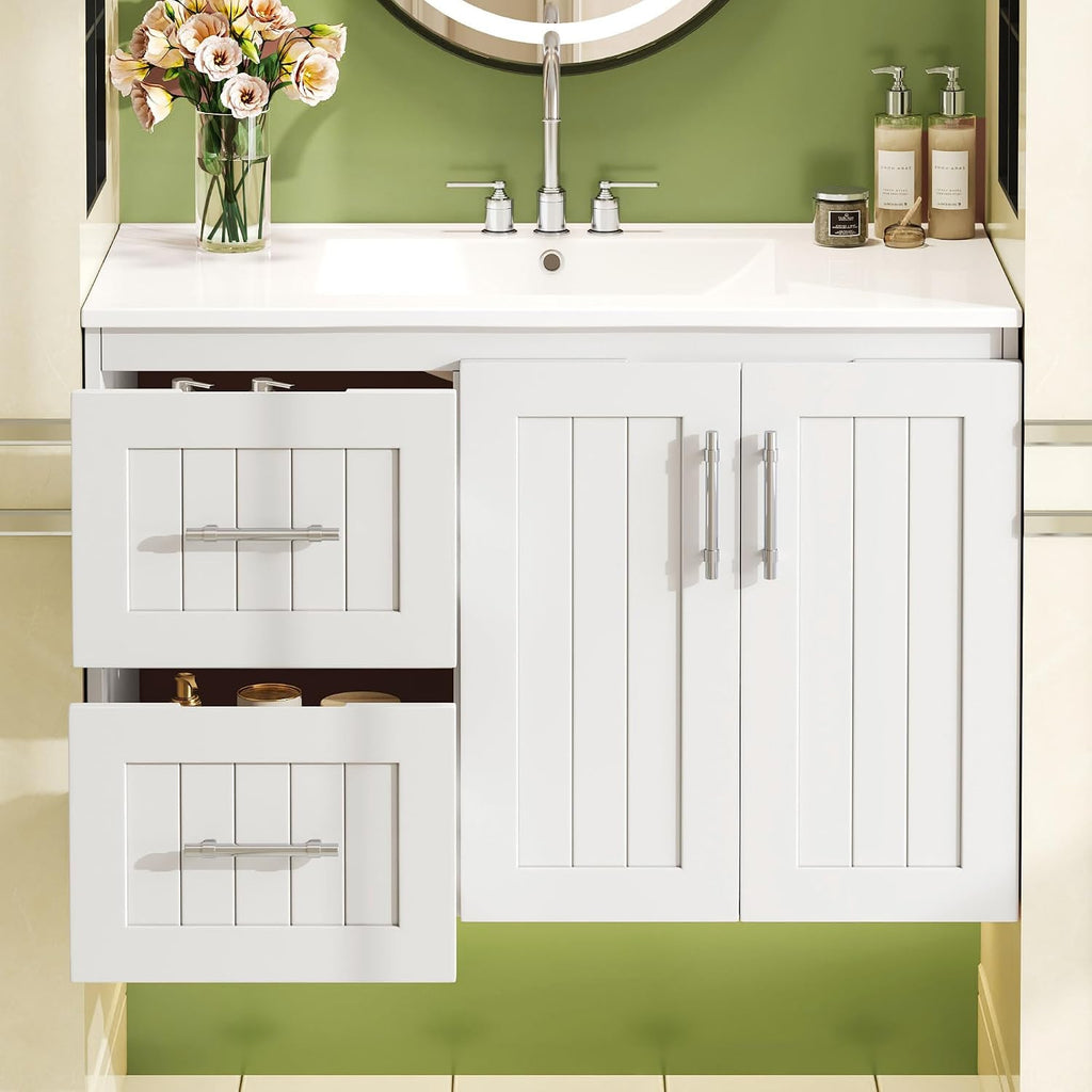 Marzzi 36' Floating Bathroom Vanity with Sink, Modern Painted Wall Mounted Bathroom Storage Cabinet with 2 Doors and 2 Drawers, Solid Wood French Cleat, Adjustable Shelf, Ceramic Sink Top