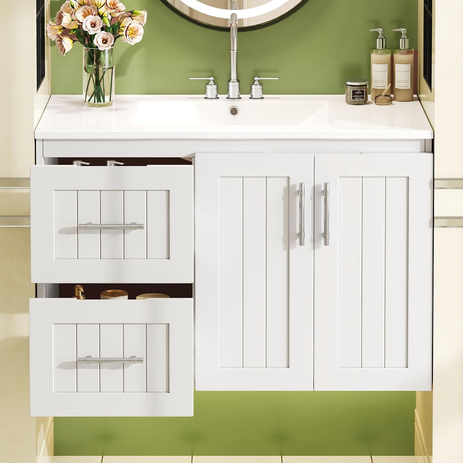Marzzi 36' Floating Bathroom Vanity with Sink, Modern Painted Wall Mounted Bathroom Storage Cabinet with 2 Doors and 2 Drawers, Solid Wood French Cleat, Adjustable Shelf, Ceramic Sink Top