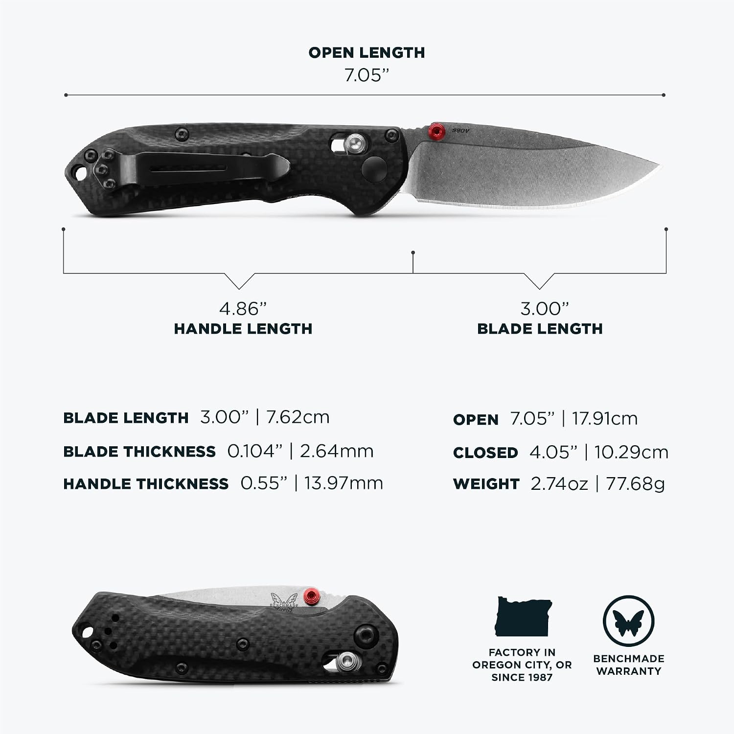 Benchmade - Mini Freek Outdoor EDC Knife, Drop-Point Blade with Black Carbon Fiber Handle (565-1)