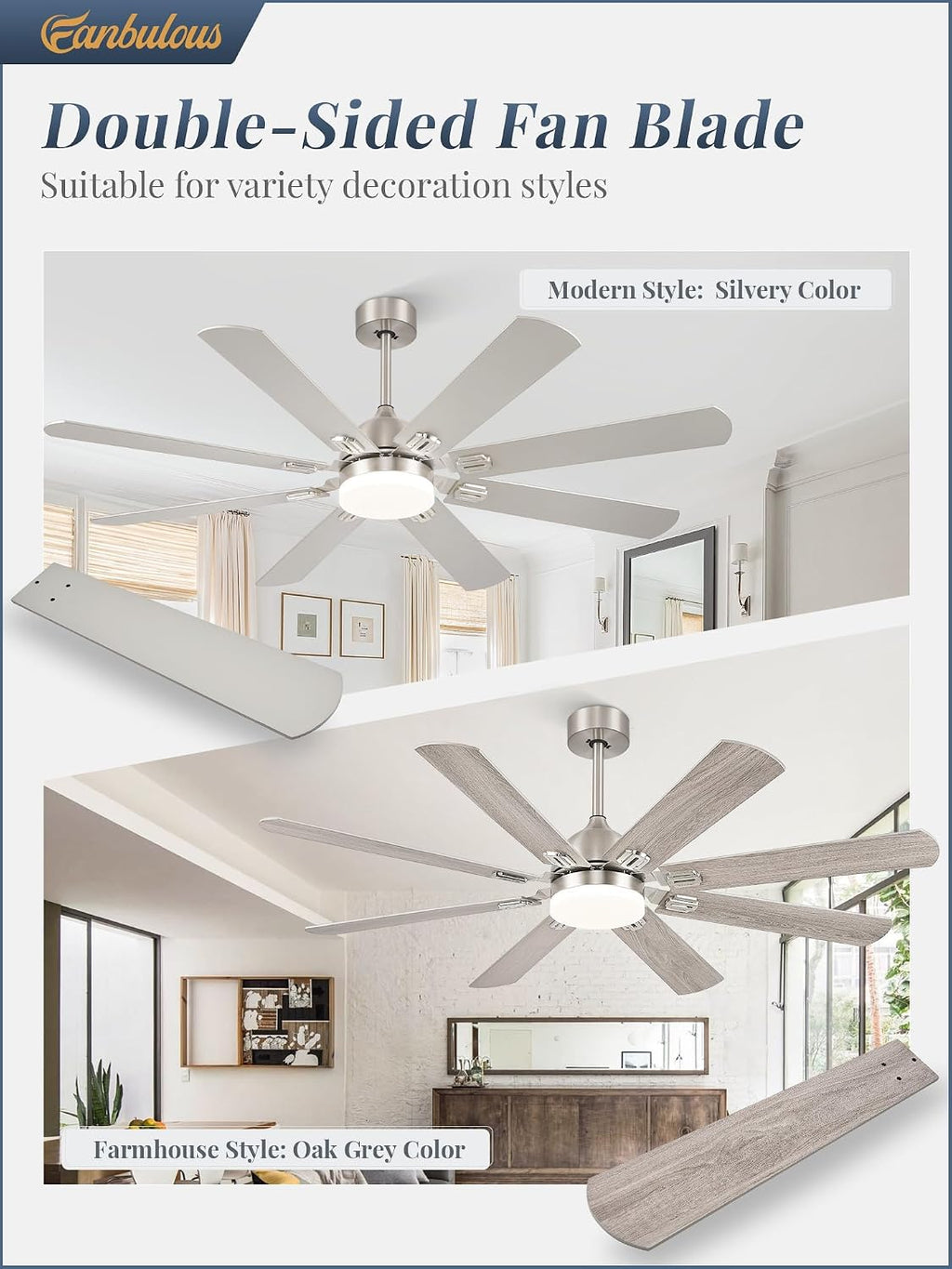 Fanbulous 62 Inch Ceiling Fans with Lights,Nickel Modern Ceiling Fan with Remote Large Farmhouse Indoor & Outdoor Ceiling Fan with 8 Dual Finish Blades, Quiet DC Motor, Bright LED Light