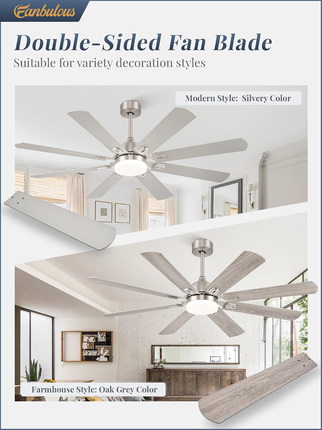 Fanbulous 62 Inch Ceiling Fans with Lights,Nickel Modern Ceiling Fan with Remote Large Farmhouse Indoor & Outdoor Ceiling Fan with 8 Dual Finish Blades, Quiet DC Motor, Bright LED Light