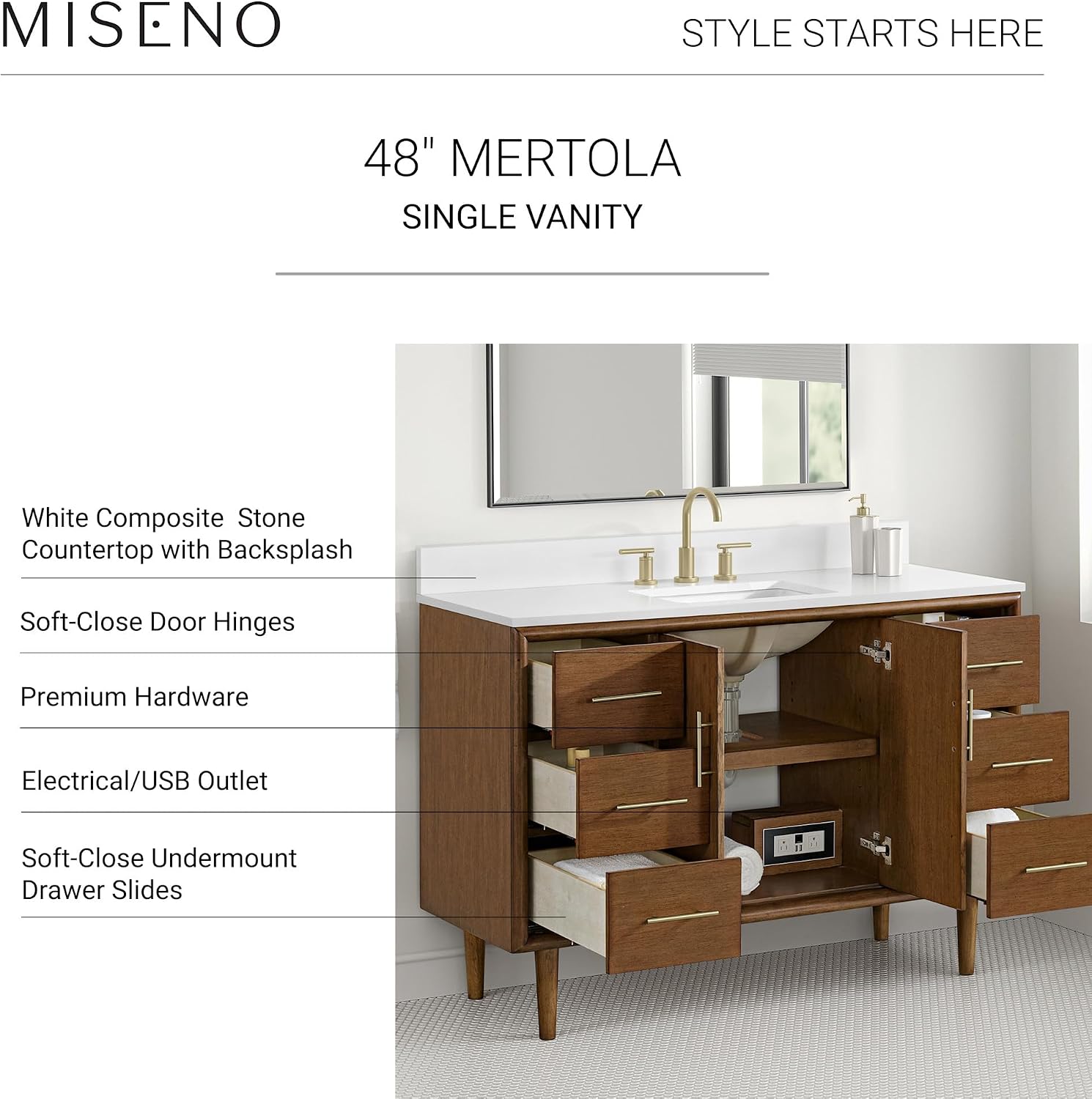 Miseno MV-N252-V48 Mertola 48' Free Standing Single Basin Vanity Set with Cabinet and Stone Composite Vanity Top - Dark Maplewood