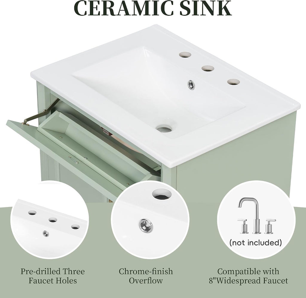 24' Bathroom Vanity with Sink & Countertop Modern Single Sink Vanity with 1 Flip-Out Drawer & 3 Drawers & Door Racks Freestanding Bathroom Sink Cabinet Saving Space,Light Green