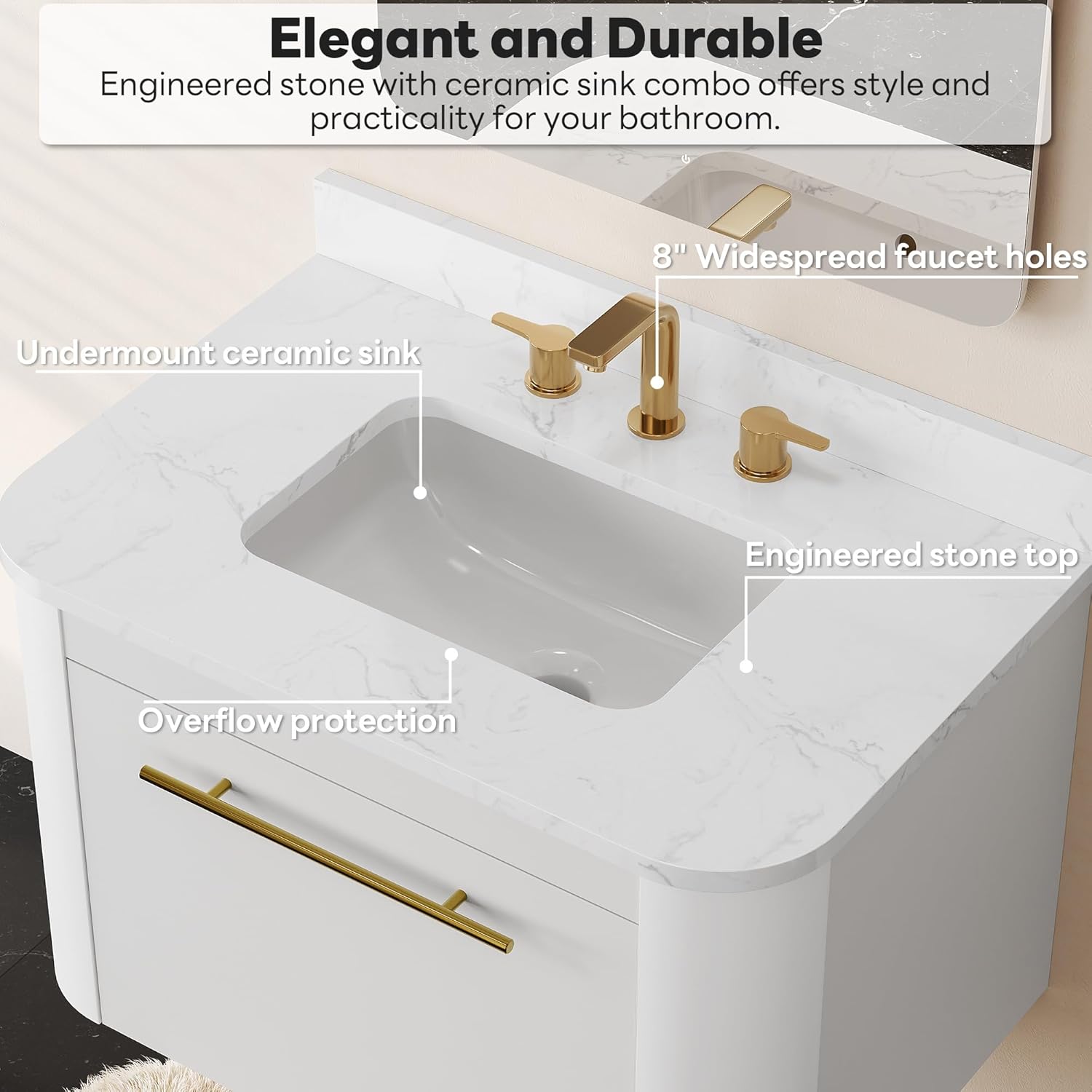LIKIMIO 30' Bathroom Vanity with Sink, Floating Bathroom Vanity with 1 Drawer, Engineered Stone Countertop with Undermount Ceramic Sink, Wall Mounted Bathroom Vanity, Gold Handle, Easy Assembly, White