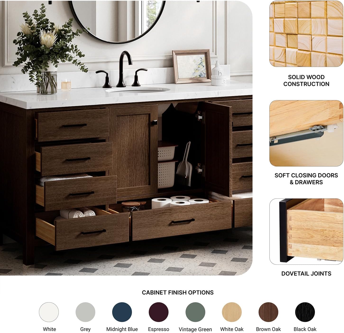 ARIEL Cambridge 66-inch Bathroom Vanity with Sink,Solid Wood, 1.5-inch Carrara White Quartz Countertop & Backsplash, Single Oval Porcelain Sink, 2 Soft Closing Doors, 9 Dovetail Drawers, Brown Oak